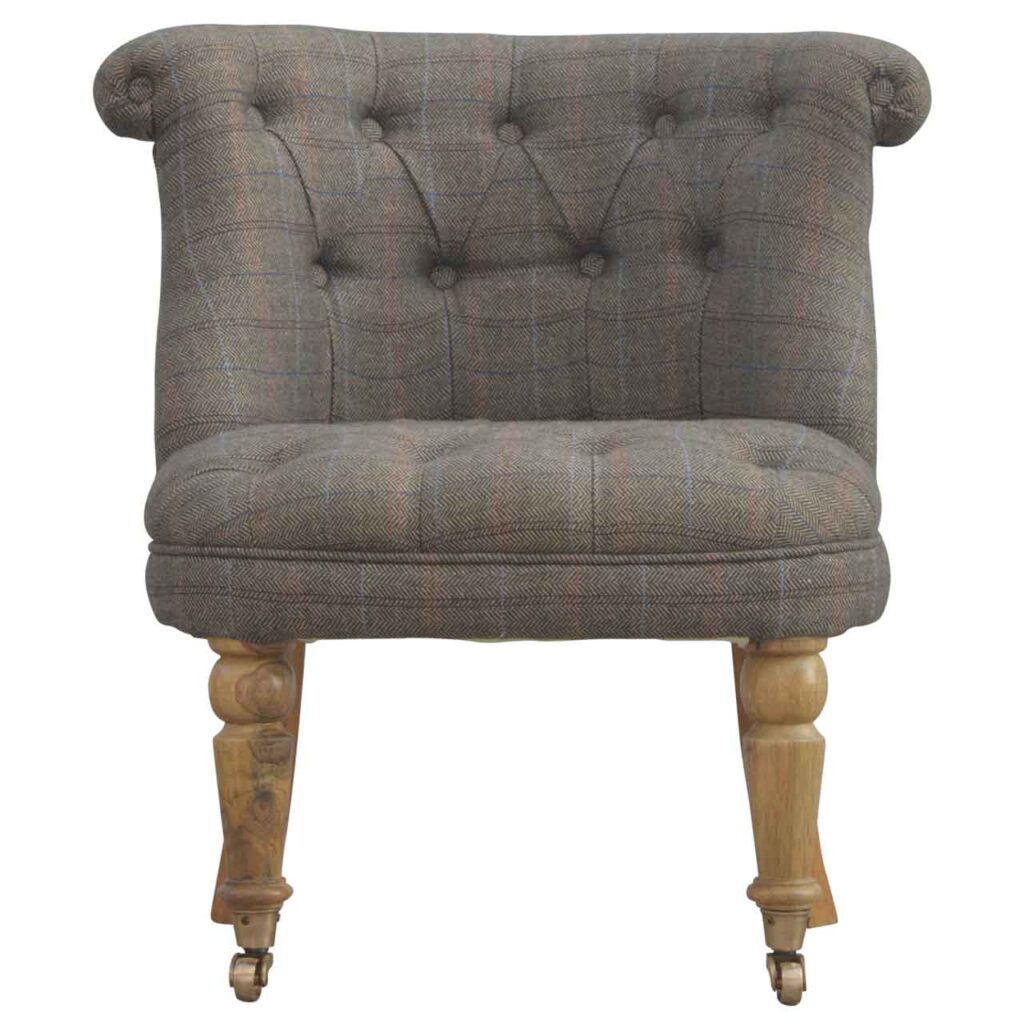 Solid Mango Wood Oak Finished Button Upholstered Tweed Occasional Chair