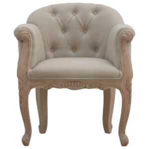 Solid Mango Wood Sun Bleached Finished French Carved Style Beige Linen Upholstered Armchair