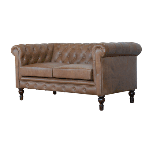Solid Mango Wood Brown Leather Cushion Buttoned Chesterfield Two Seater Sofa with Walnut Finished Legs
