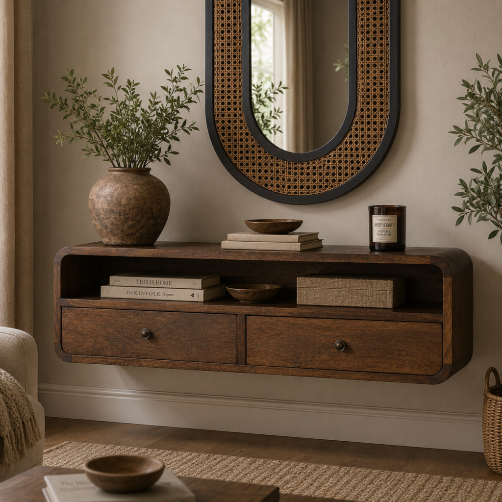 Solid Mango Wood Chestnut Finished 2 Drawer 1 Slot Floating Console