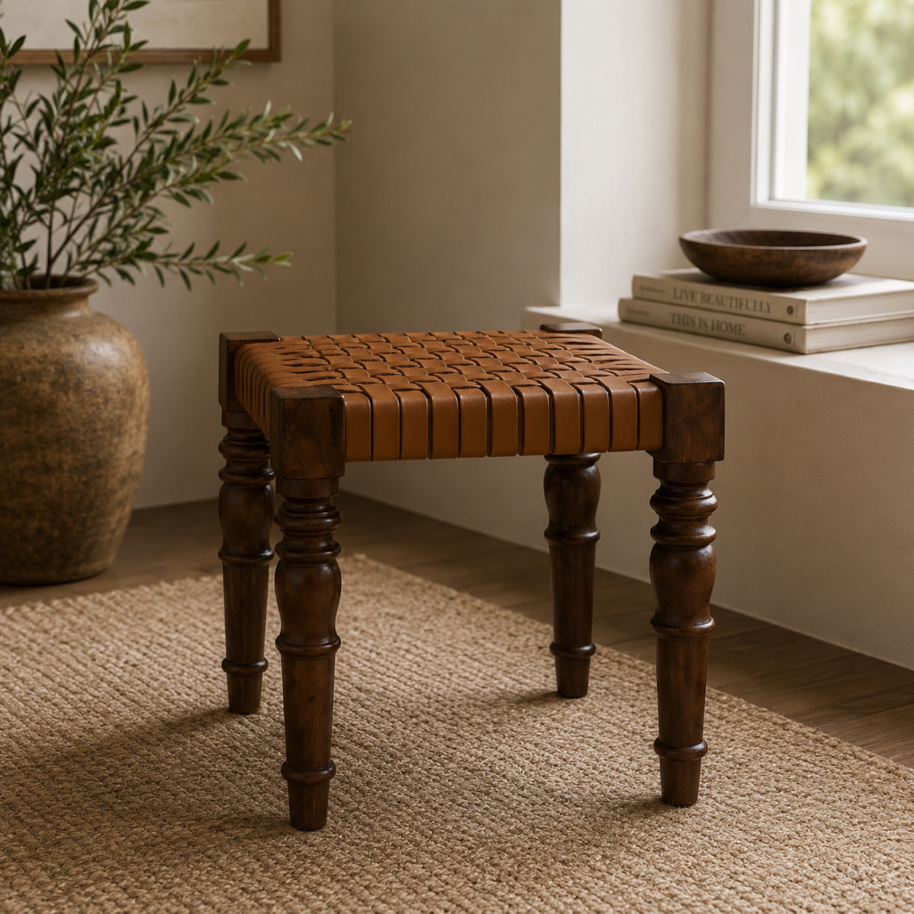Solid Mango Wood California Walnut Finished Woven Leather Seat Footstool