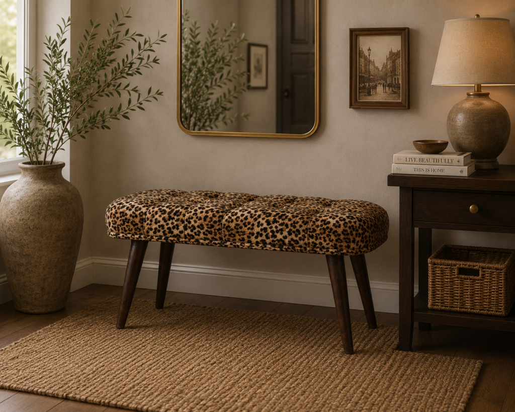 Solid Mango Wood Walnut Finished Leopard Print Cotton Velvet Deep Button Bench
