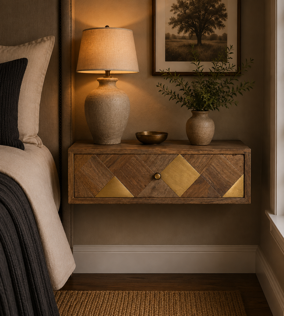 Solid Mango Wood Oak Finished Brass Inlaid Wall Mounted 1 Drawer Bedside