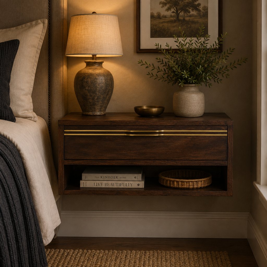 Solid Mango Wood Chestnut Finished 1 Drawer 1 Slot Wall Mounted Brass Handle Bedside
