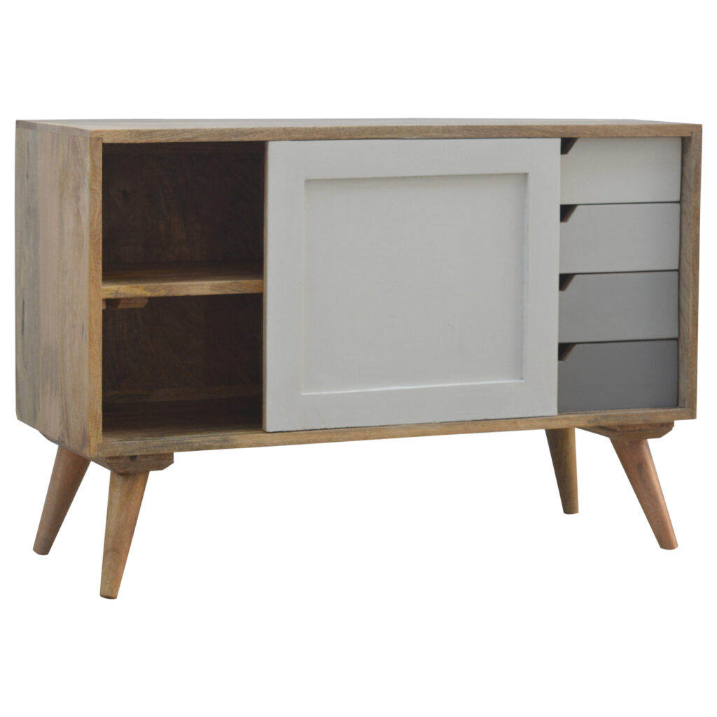 Solid Mango Wood Oak Finished Graduated Hand Painted 4 Drawer 1 Door Cabinet