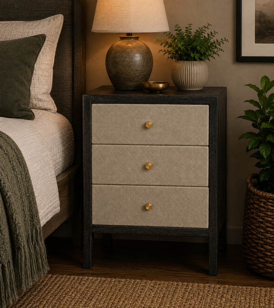 Solid Mango Wood Ash Black and Faux White Leather 3 Drawer Bedside