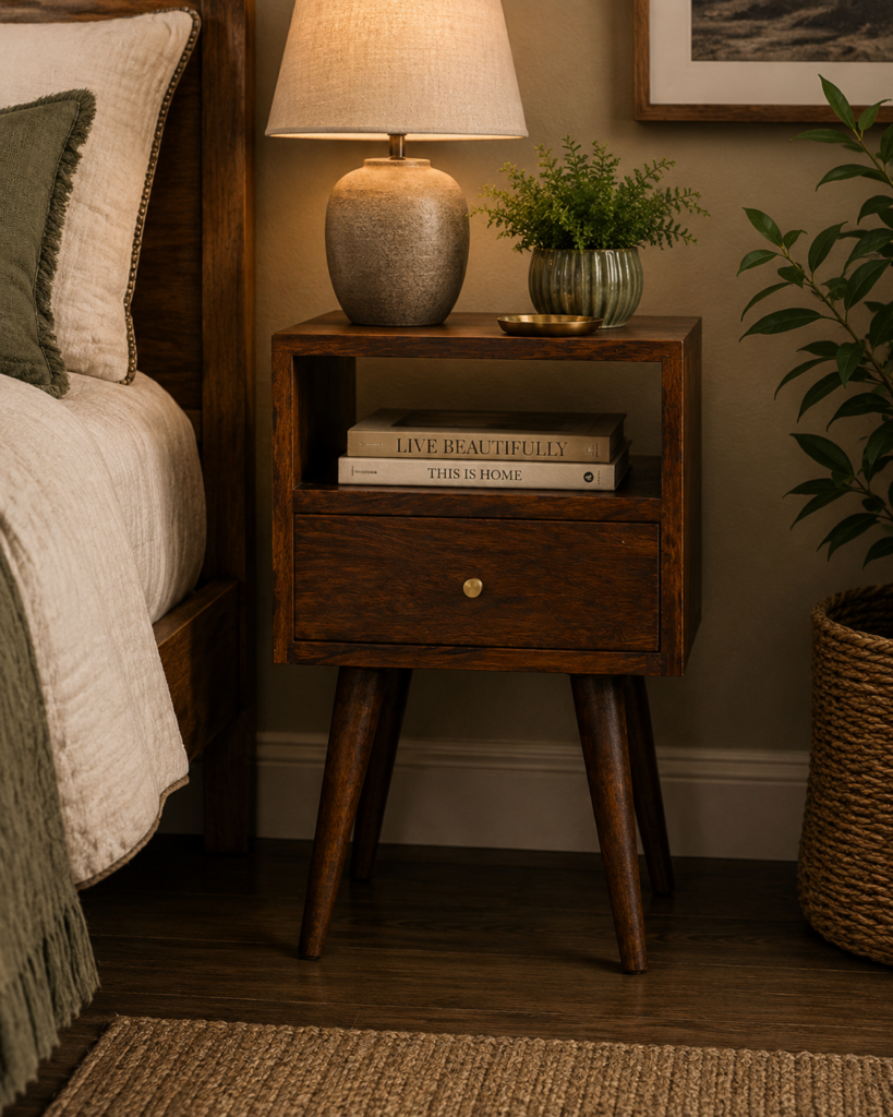 Solid Mango Wood Chestnut Finished 1 Drawer 1 Slot Mini Chestnut Bedside