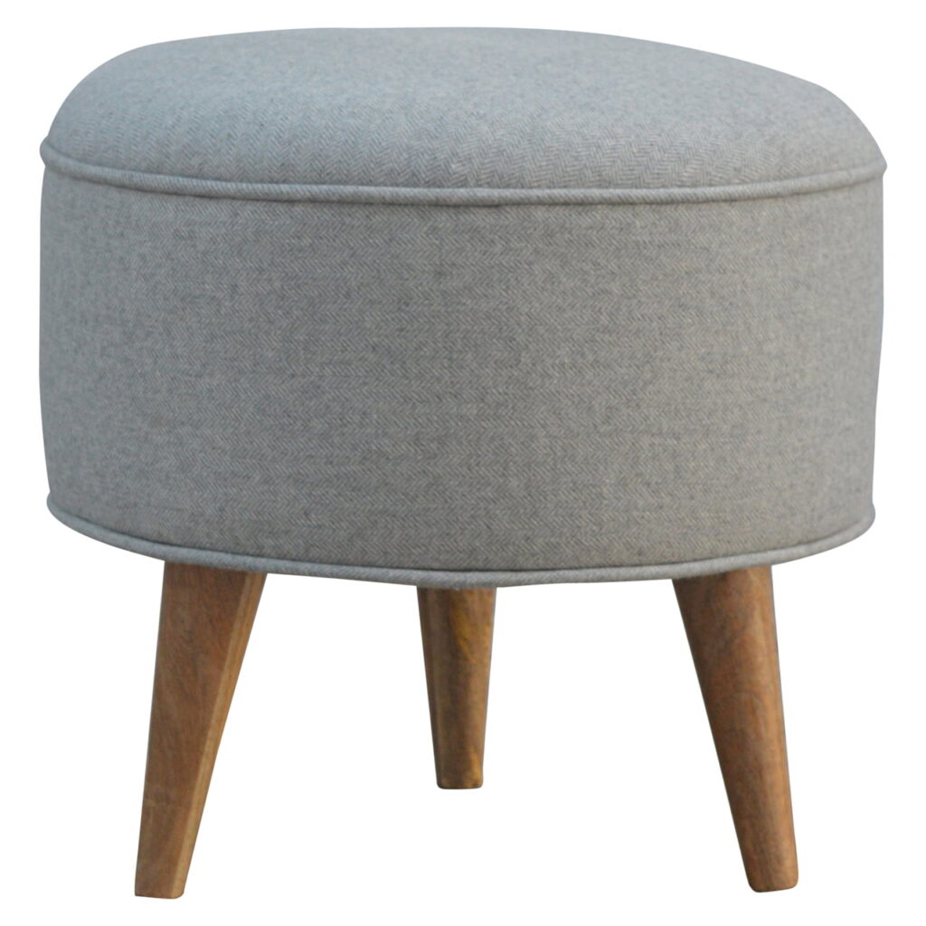 Solid Mango Wood Oak Finished Grey Tweed Round Footstool