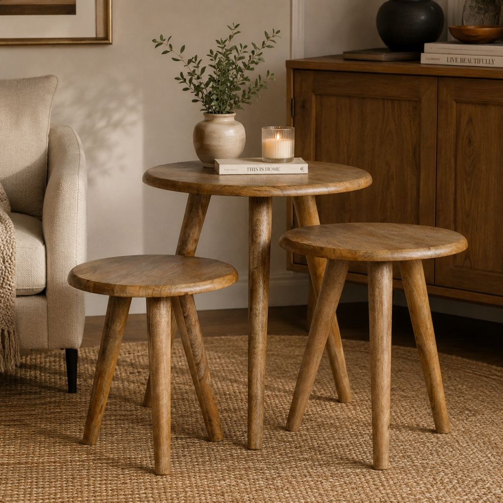 Solid Mango Wood Oak Finished 3PC Nest of Tables