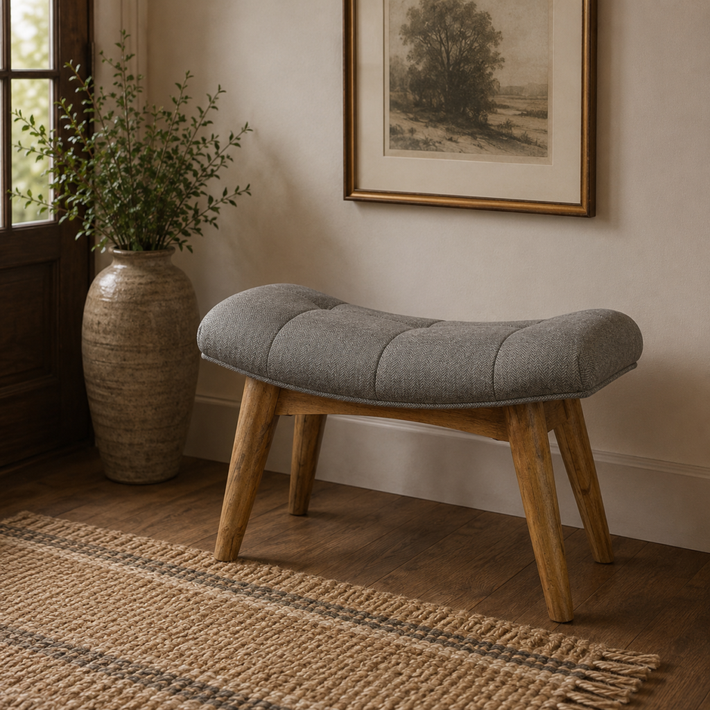 Solid Mango Wood Oak Finished Grey Tweed Upholstered Bean Shaped Footstool