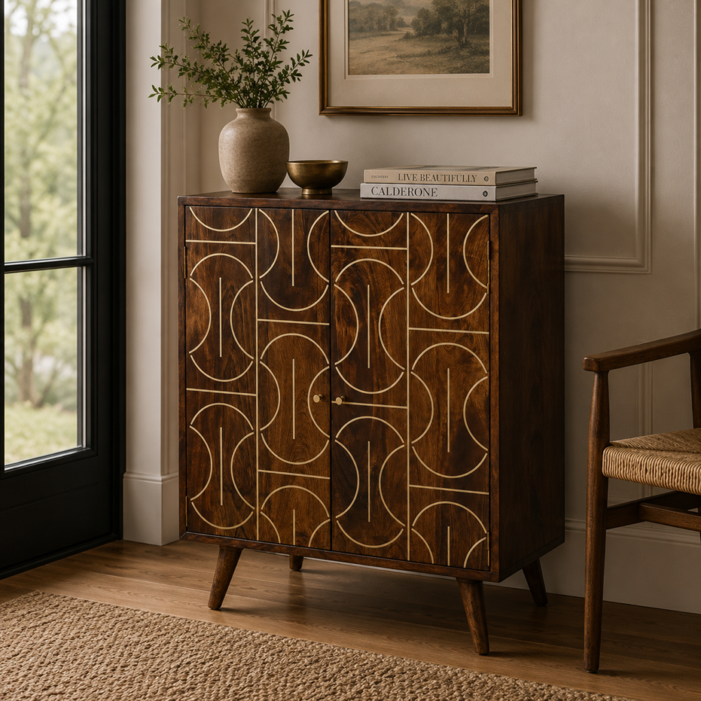 Solid Mango Wood Chestnut Finished with Brass Inlay 3 Shelf 1 Drawer Cabinet