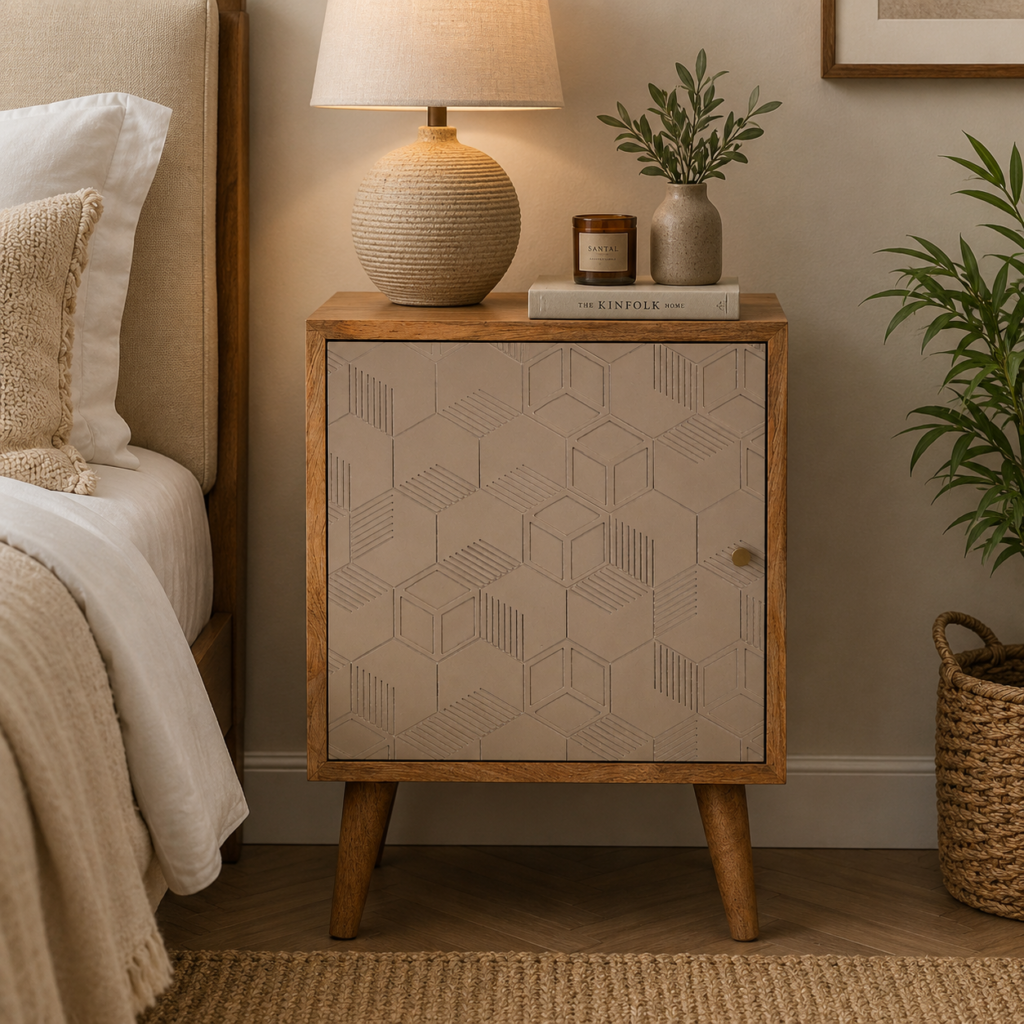 Solid Mango Wood Natural Finished 1 Door 2 Shelves Acadia Bedside