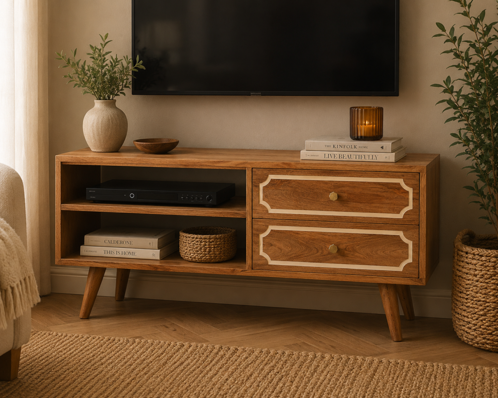 Solid Mango Wood Natural Finished Bone Inlaid 2 Drawer 2 Shelf TV/Media Unit