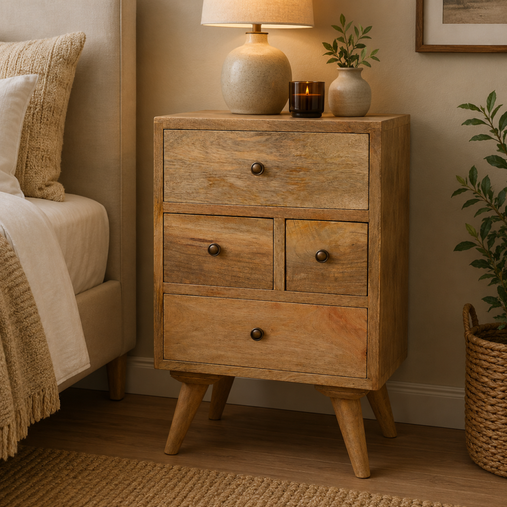 Solid Mango Wood Oak Finished Nordic Style 4 Drawer Multi Bedside