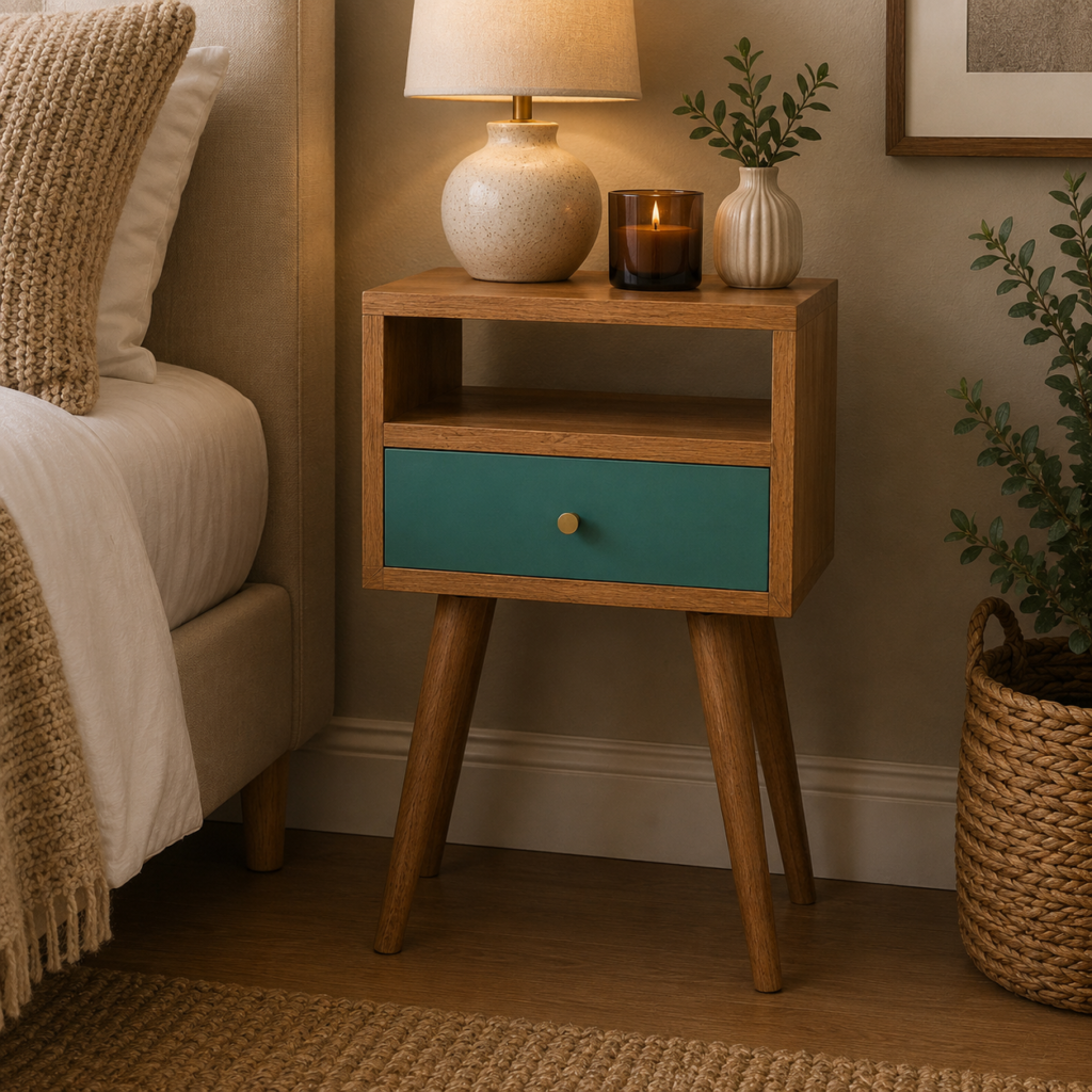 Solid Mango Wood Oak Finished Teal Hand Painted 1 Drawer 1 Slot Mini Bedside