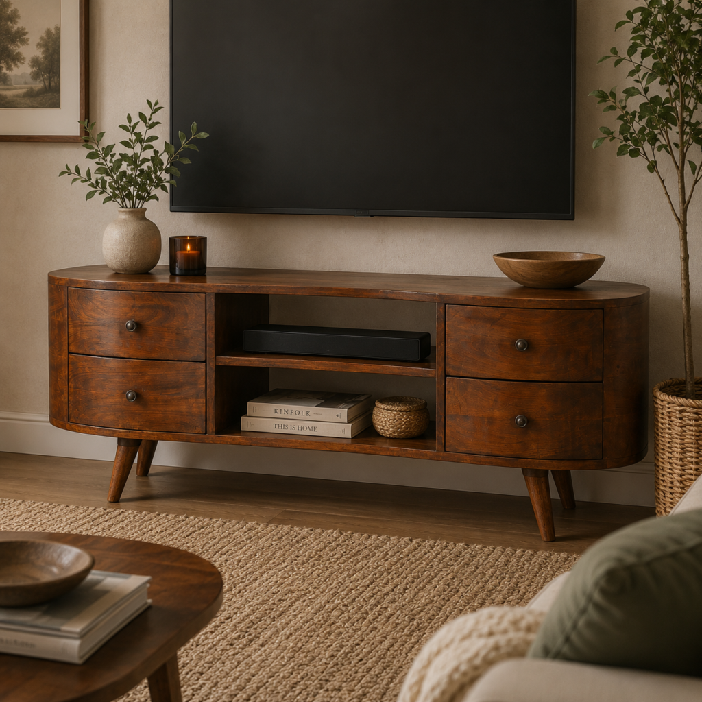 Solid Mango Wood Chestnut Finished 4 Drawer 2 Slot Rounded TV/Media Unit