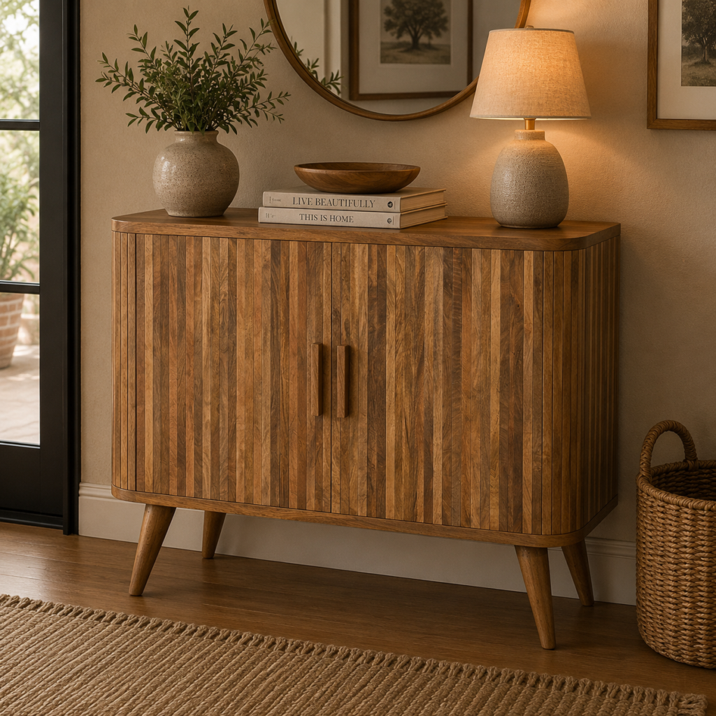 Solid Mango Wood Mixed Finished 2 Door Striped Cabinet