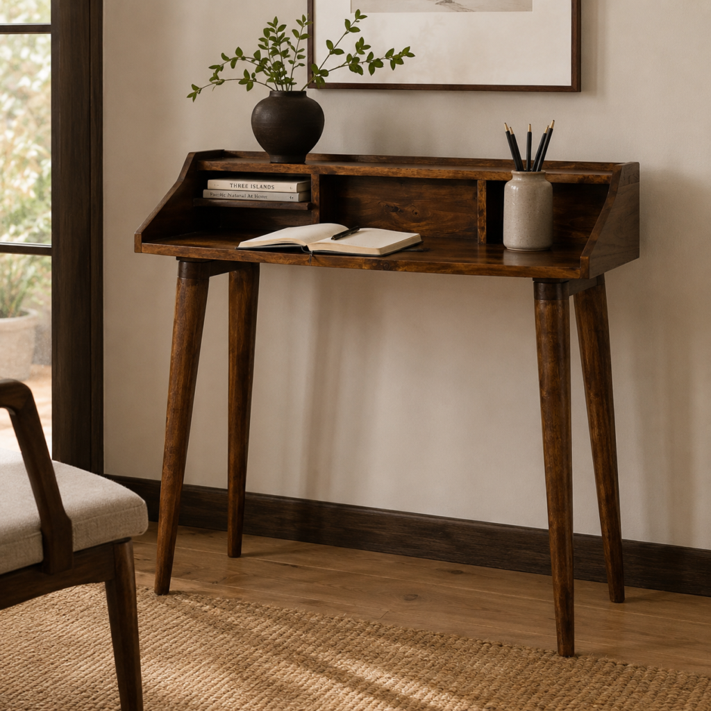 Solid Mango Wood Chestnut Finished 4 Compartment Gallery Desk