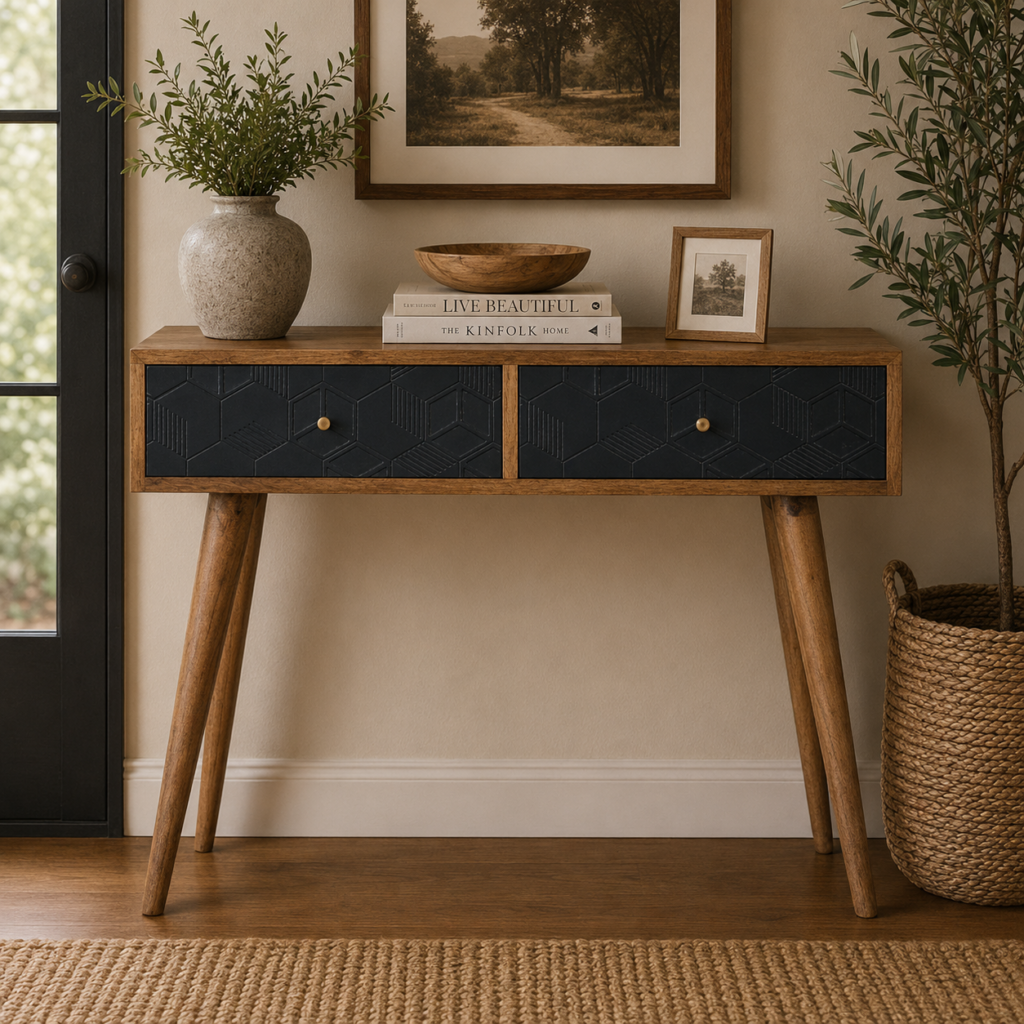 Solid Mango Oak Ash Black 2 Drawer Console Table