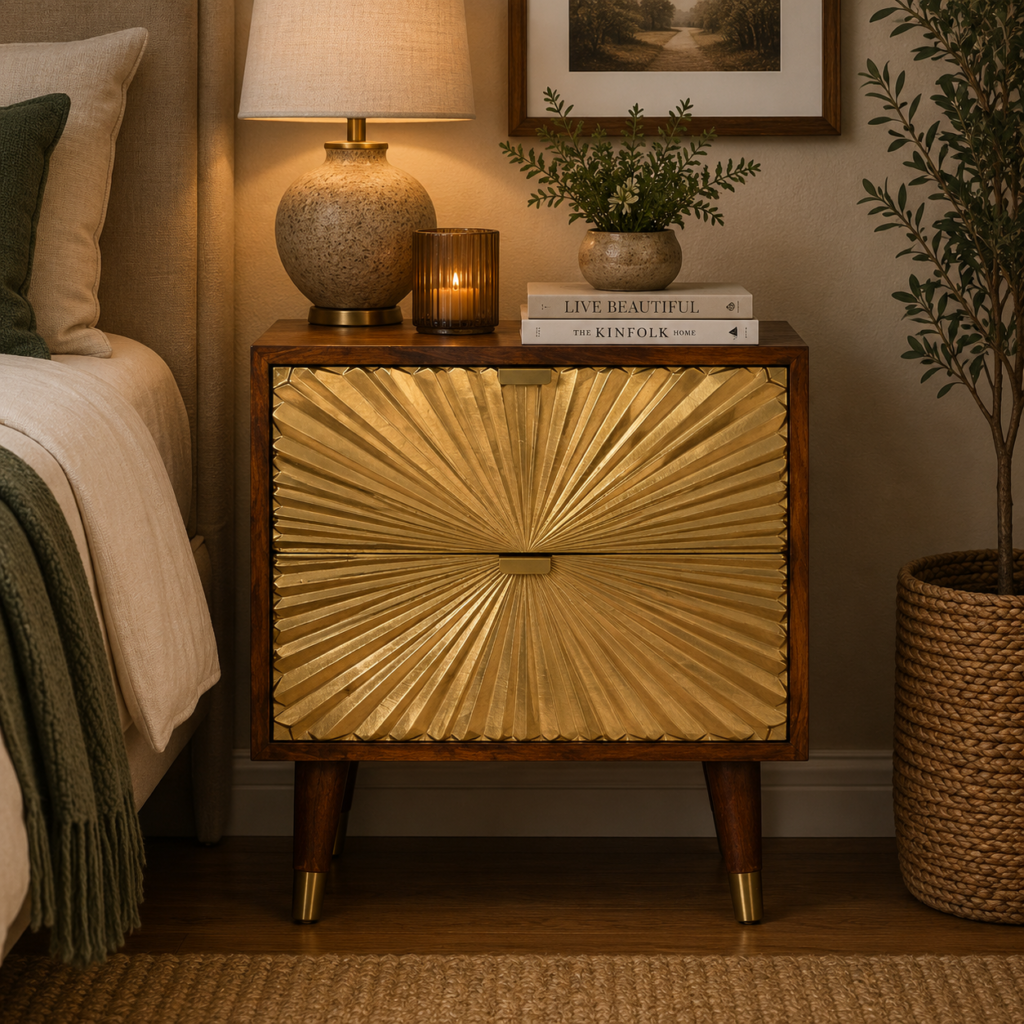 Solid Mango Wood Chestnut Finished 2 Drawer Manila Gold Front Bedside