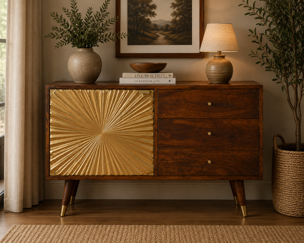 Solid Mango Wood Chestnut Finished 3 Drawer 1 Door Brass Front Sideboard/Cabinet