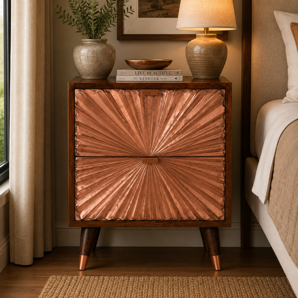 Solid Mango Wood Chestnut Finished Copper Plated 2 Drawer Bedside
