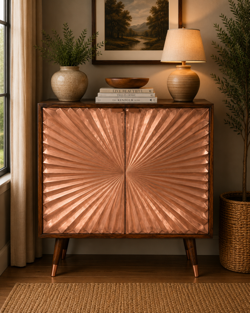 Solid Mango Wood Chestnut Finished Mango Wood Copper Plate Front 2 Door Cabinet