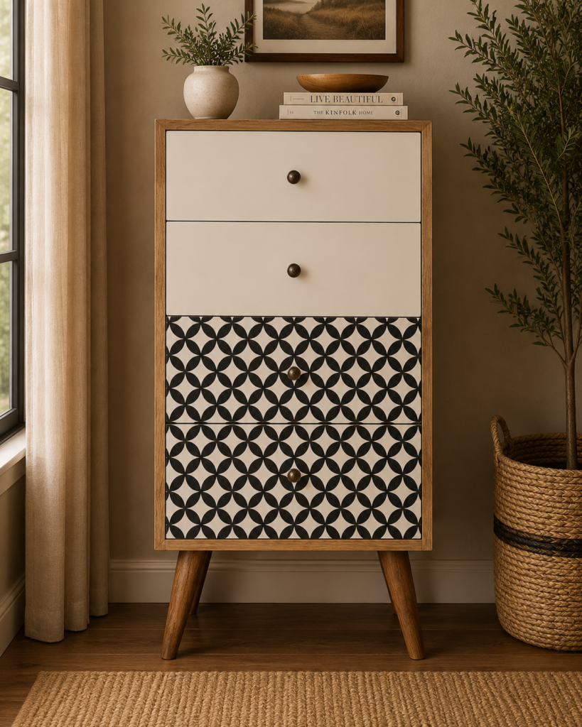 Solid Mango Wood Oak Finished Black Diamond Printed 4 Drawer Chest of Drawers