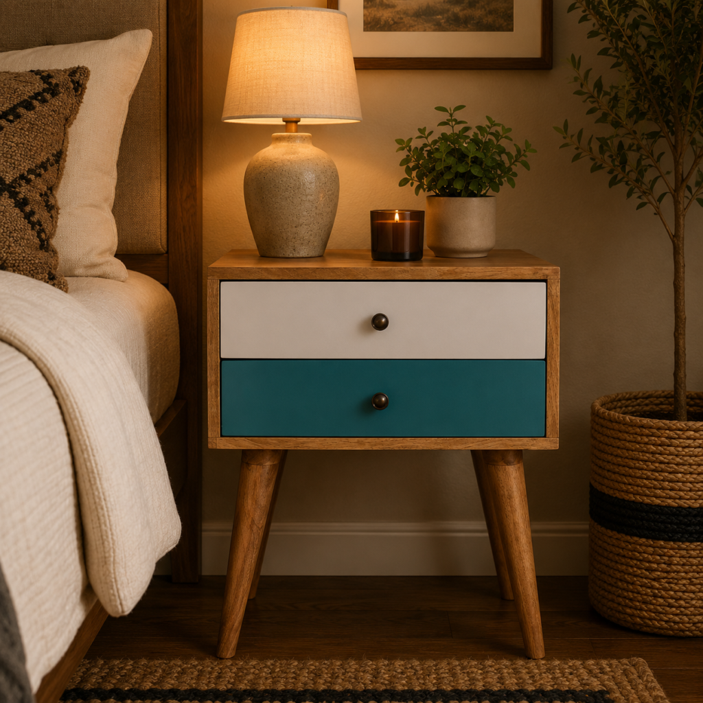 Solid Mango Wood Oak Finished Hand Painted White & Teal 2 Drawer Bedside