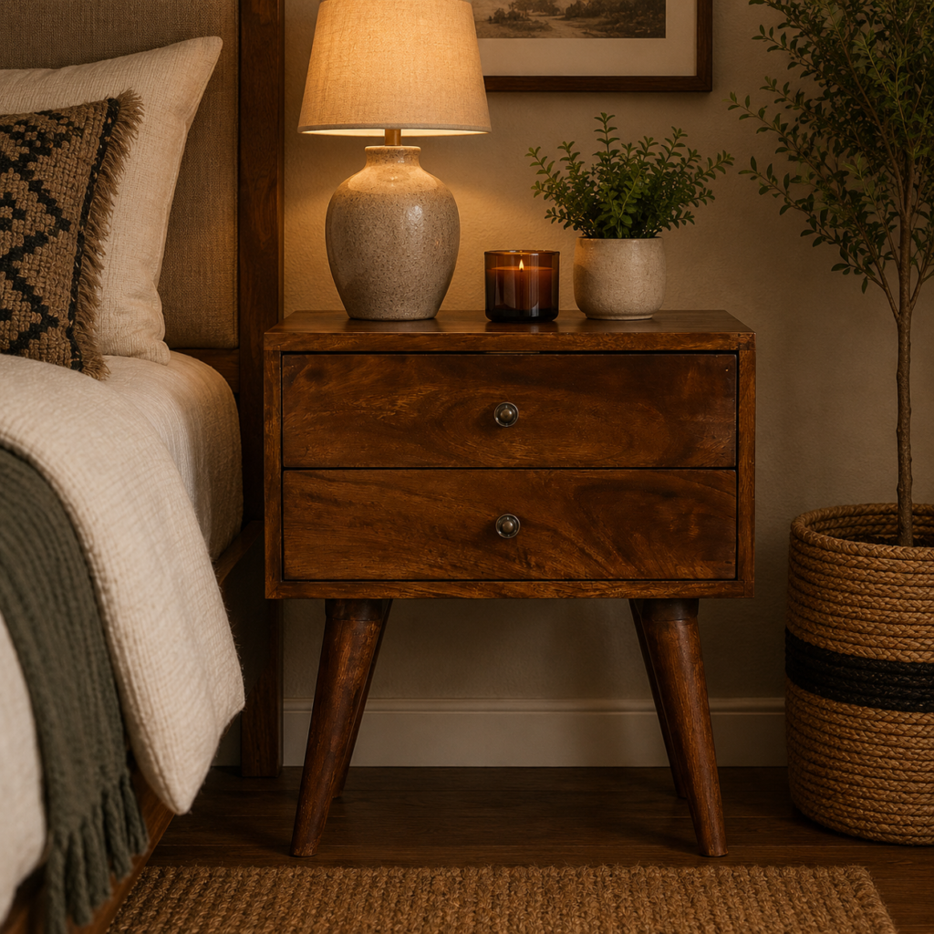 Solid Mango Wood Chestnut Finished 2 Drawer Bedside