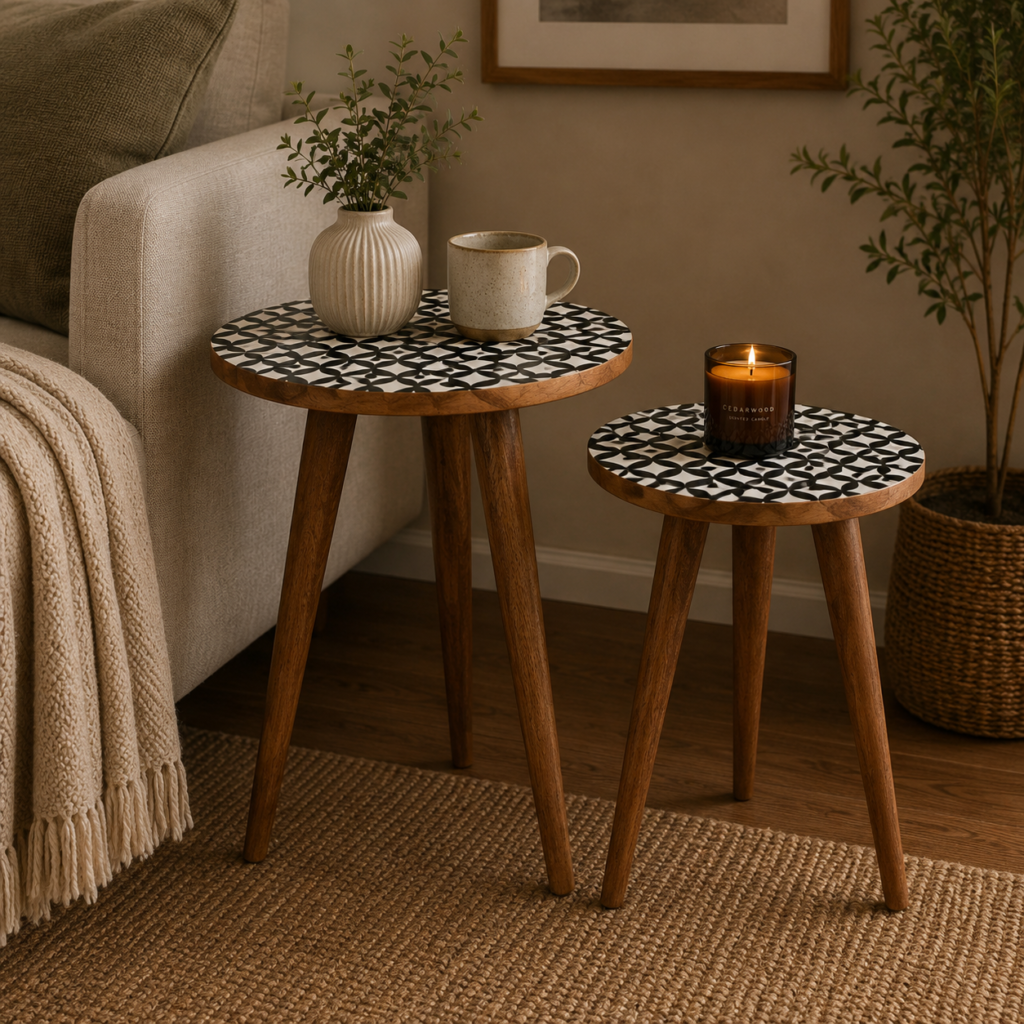 Solid Mango Wood Natural Finished Black and White Screen Printed 2PC Tripod Table Set