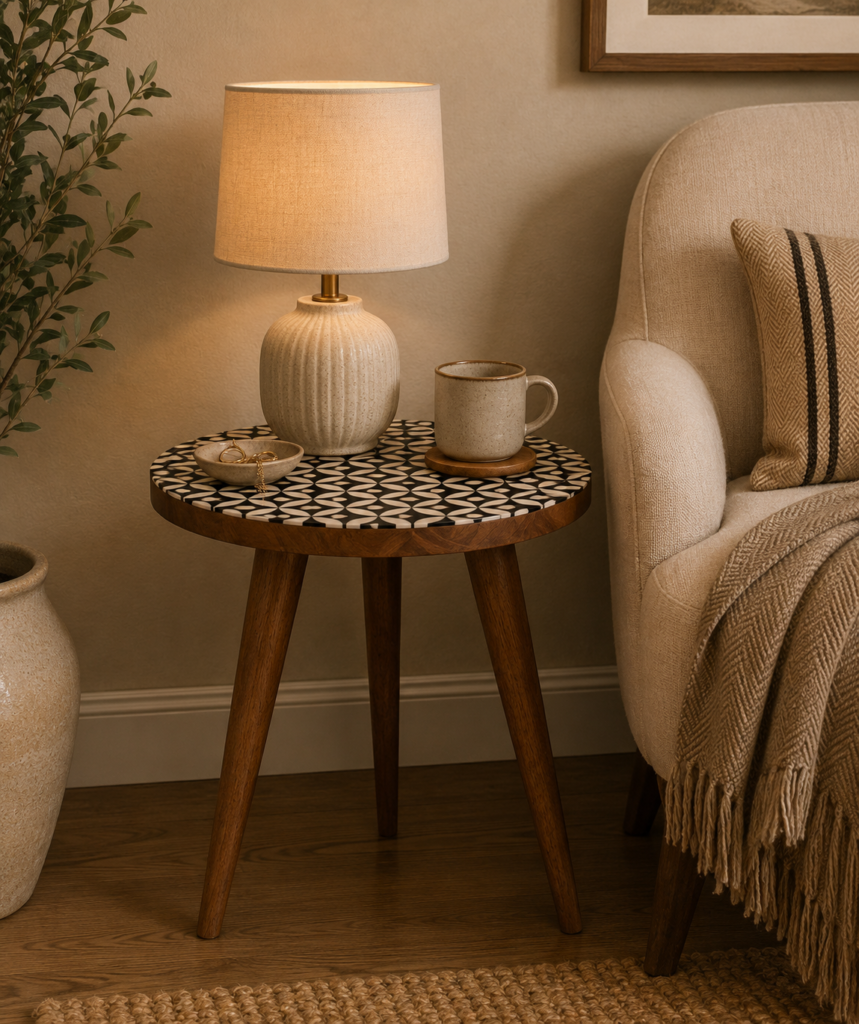 Solid Mango Wood Natural Finished Diamond Pattern End Table