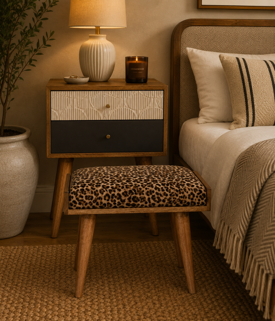Solid Mango Wood Natural Finished Leopard Velvet Tray Style Footstool