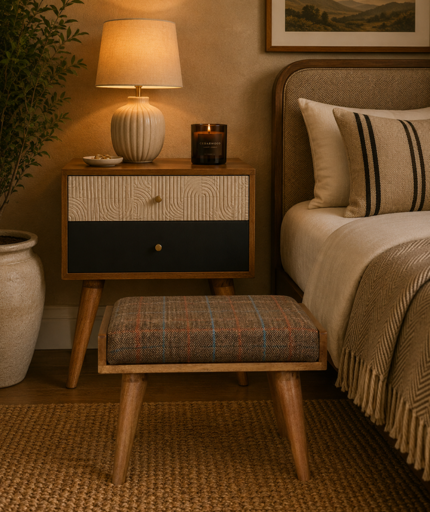 Solid Mango Wood Natural Finished Multi Coloured Tweed Footstool