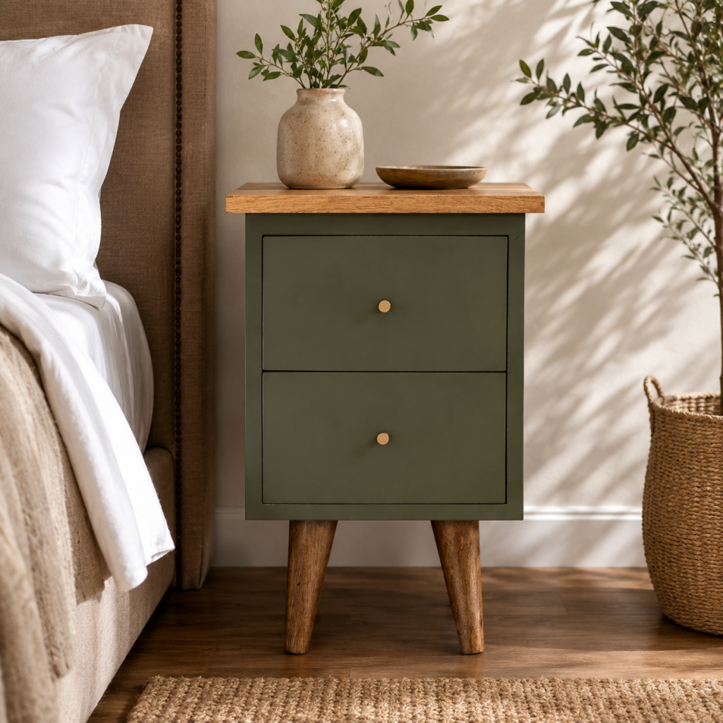 Solid Mango Wood Oak Finished Olive Painted 2 Drawer Bedside Table/Cabinet