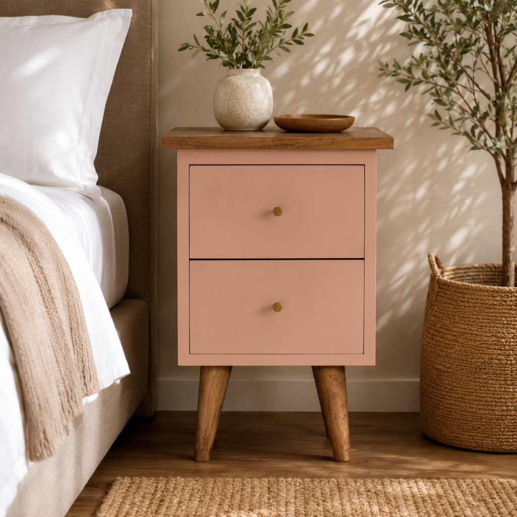 Solid Mango Wood Oak Finished 2 Drawer Blush Pink Hand Painted Bedside