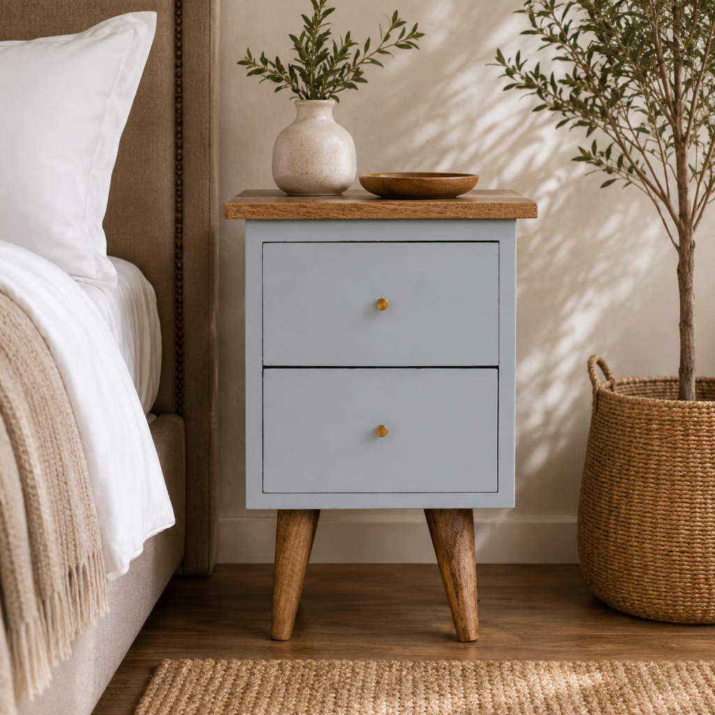 Solid Mango Wood Oak Finished Grey (Sky Blue) Painted 2 Drawer Bedside Table/Cabinet