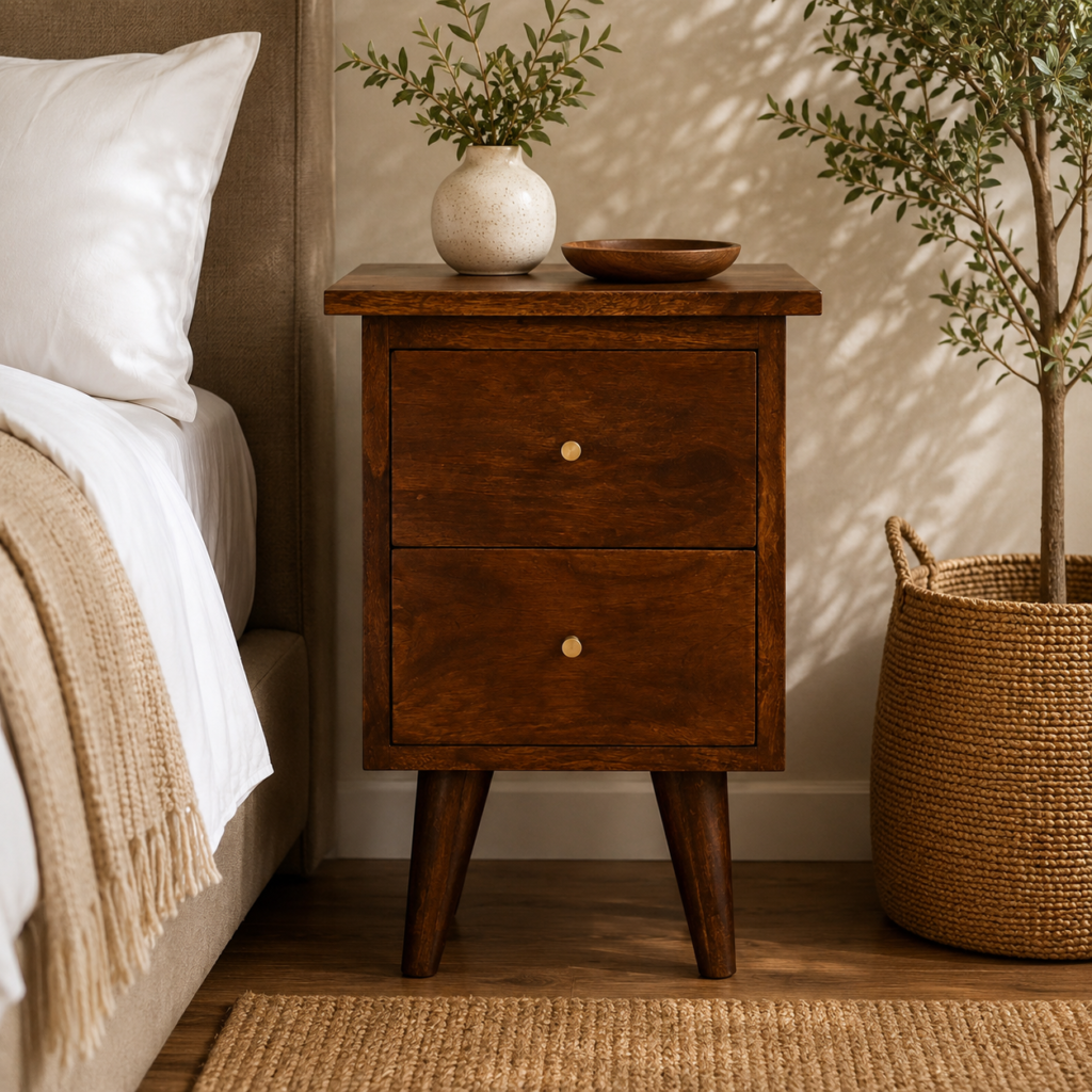 Solid Mango Wood Chestnut Finished 2 Drawer Bedside