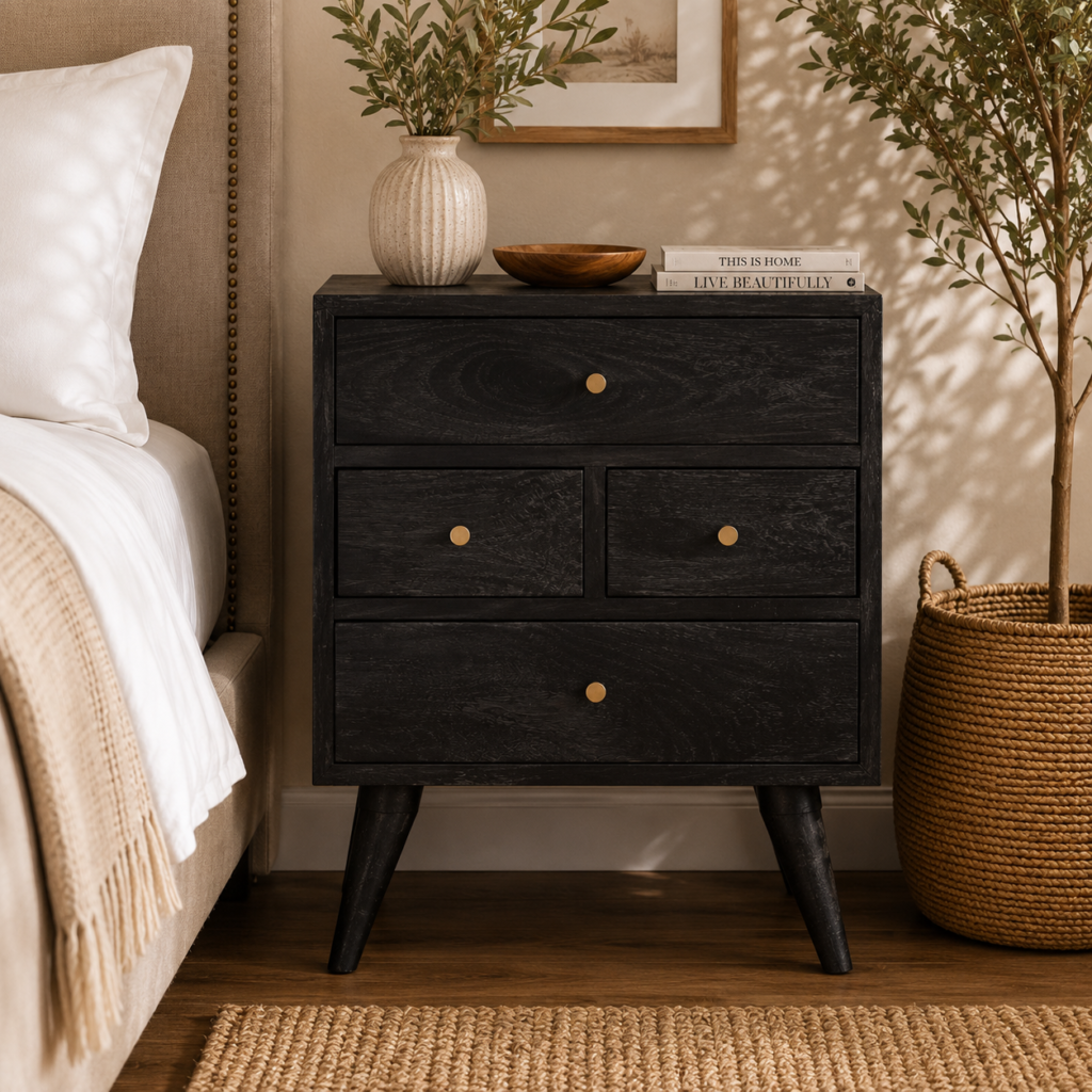 Solid Mango Wood Ash Black Finished 4 Drawer Bedside