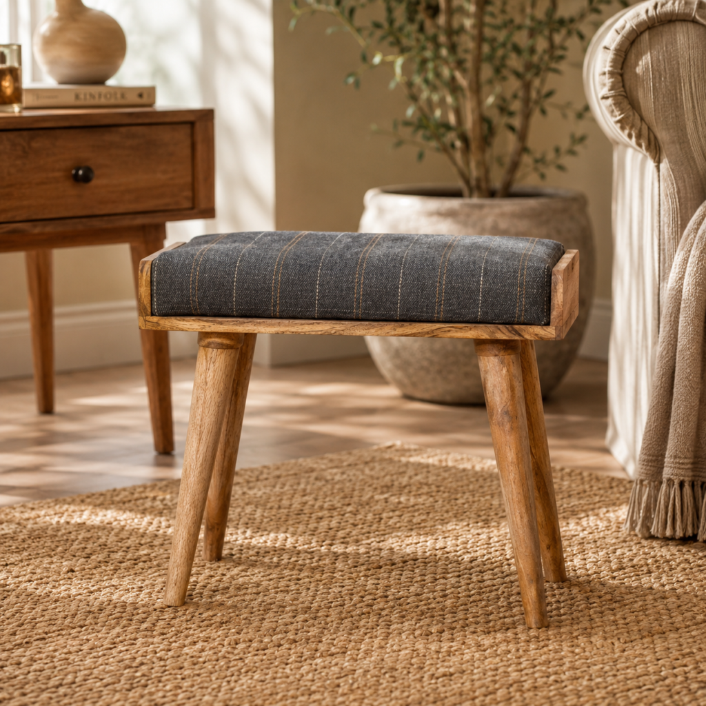 Solid Mango Wood Natural Finished Pewter Tweed Upholstered Tray Footstool