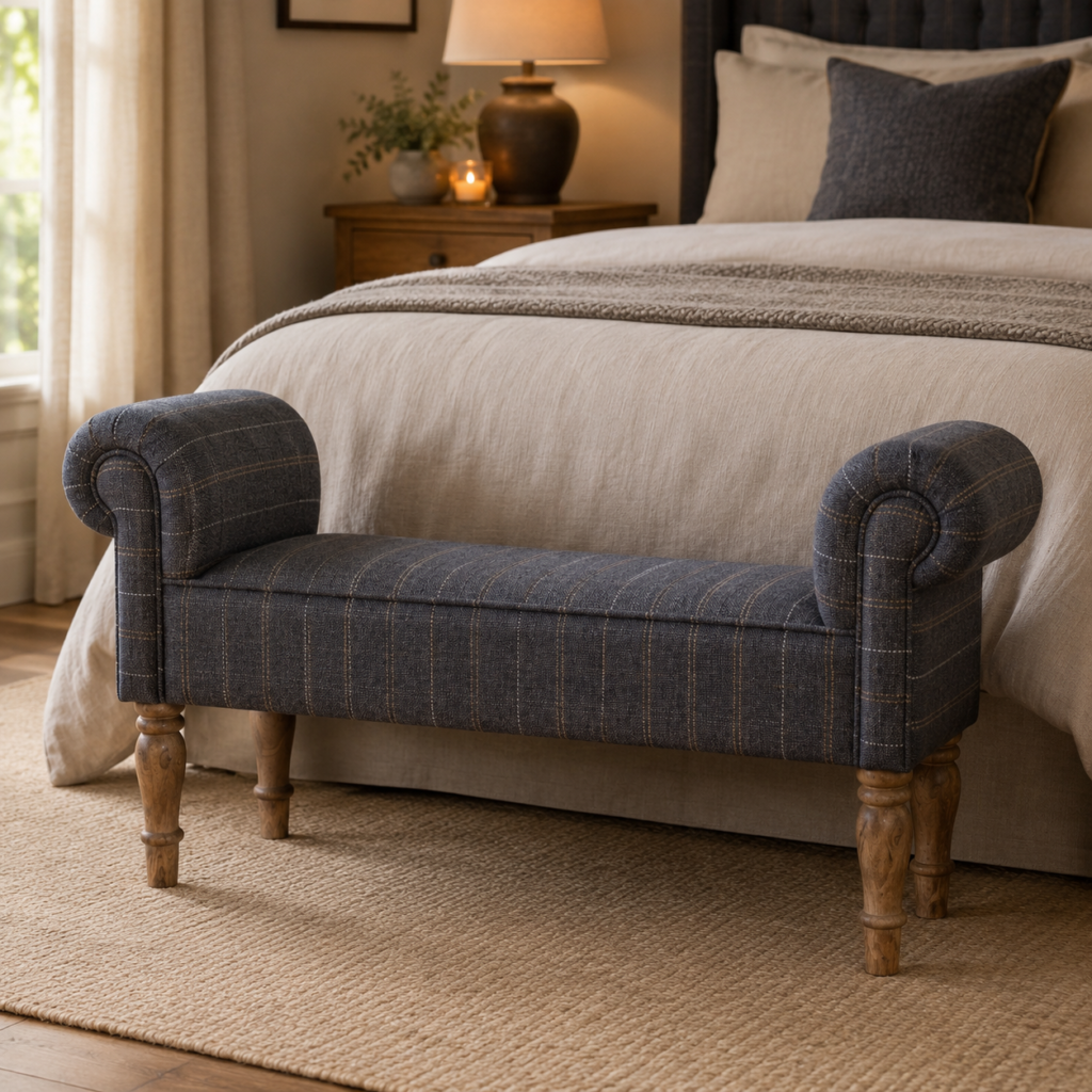 Solid Mango Wood Oak Finished Pewter Tweed Bench with Turned Legs