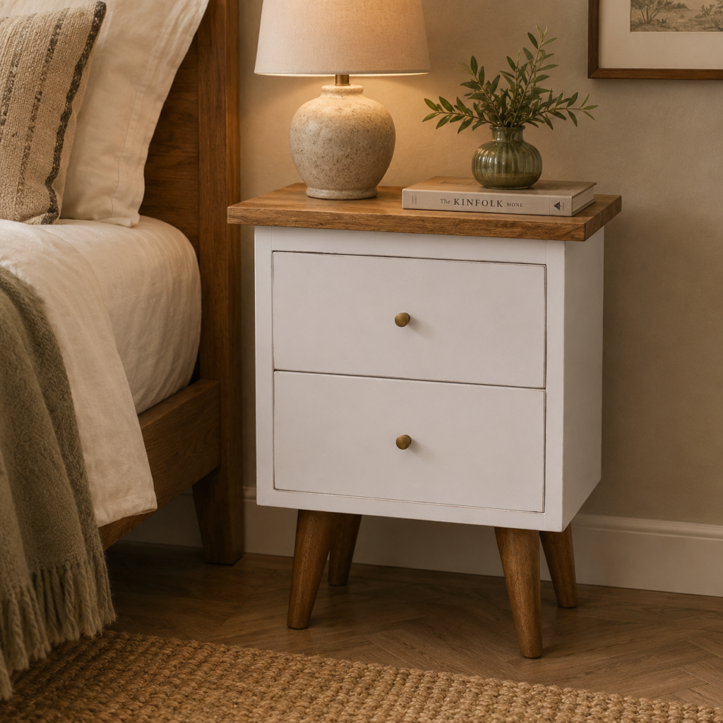Solid Mango Wood Oak Finished White Painted Two Drawer Bedside Table/Cabinet