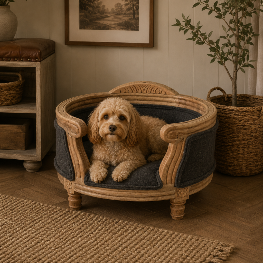 Solid Mango Wood Sun Bleached Finished Carved Battleship Tweed Padded Pet Bed