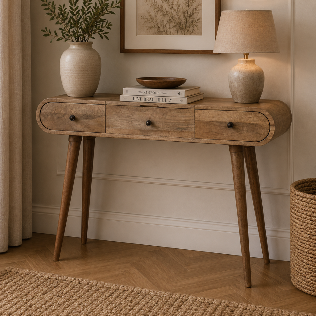 Solid Mango Wood Oak Finish 2 Drawer 1 Fold Away Mirror Oval Dressing Table