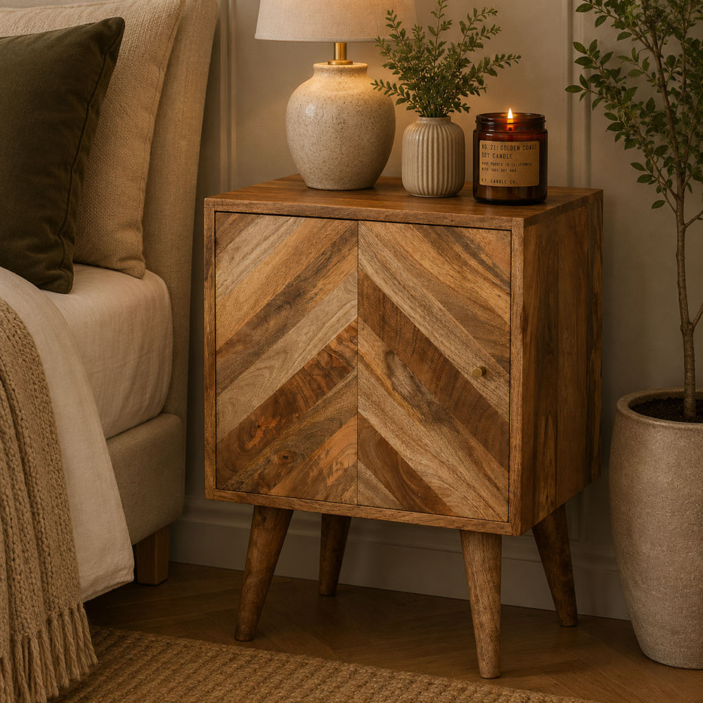 Solid Mango Wood Mixed Finished 1 Door Geometric Pattern Bedside