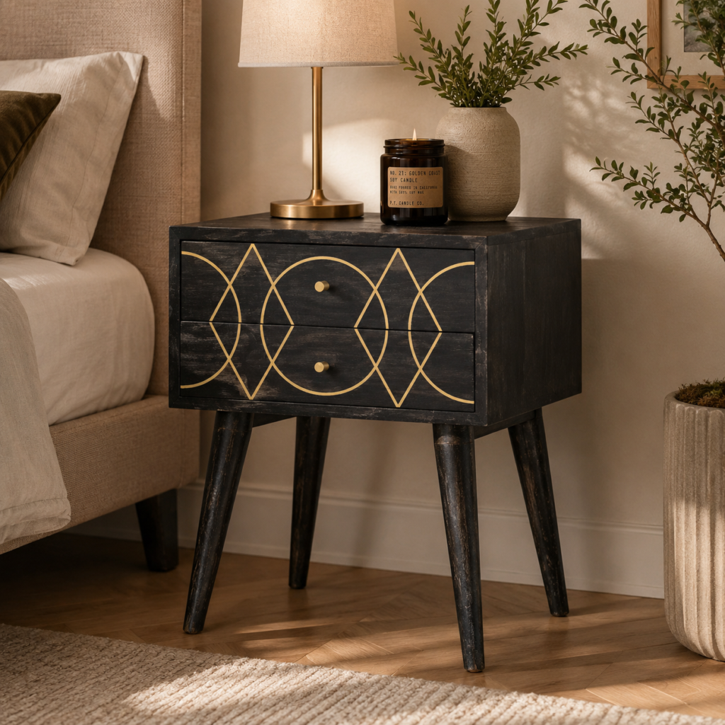 Solid Mango Wood Black Ash Finished Brass Inlay 2 Drawer Oslo Bedside