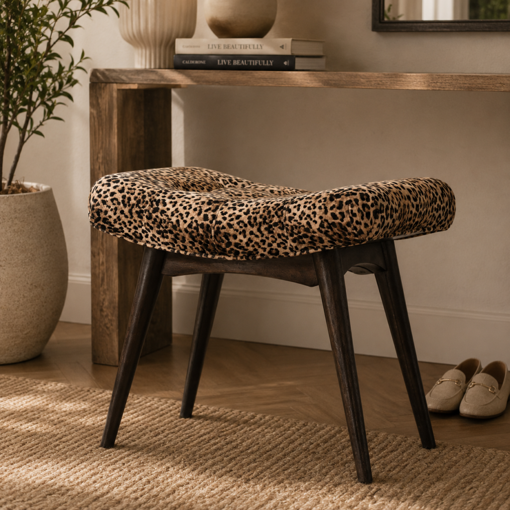 Solid Mango Wood Walnut Finished Cotton Leopard Print Curved Bench