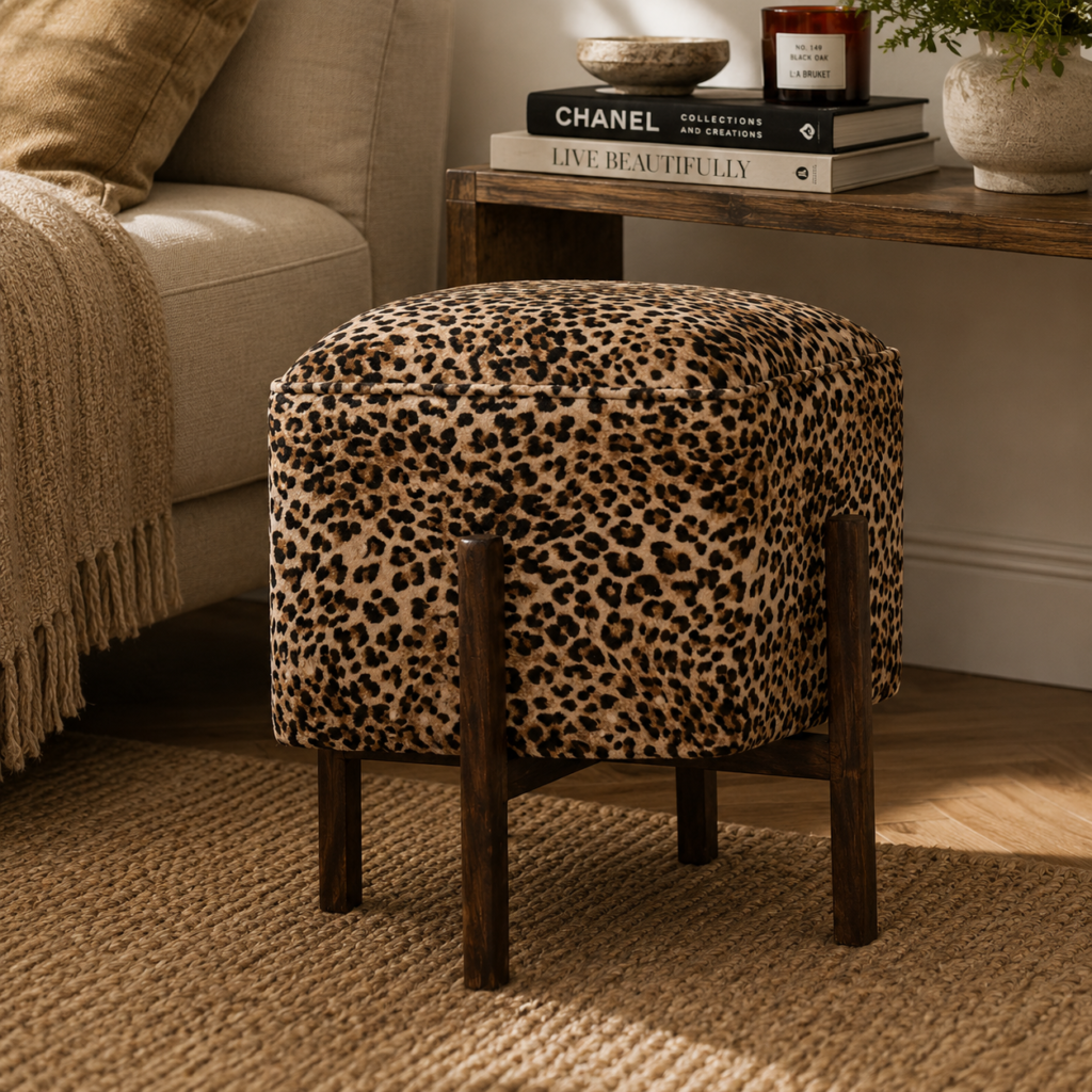 Solid Mango Wood California Walnut Finished Cotton Velvet Leopard Printed Footstool