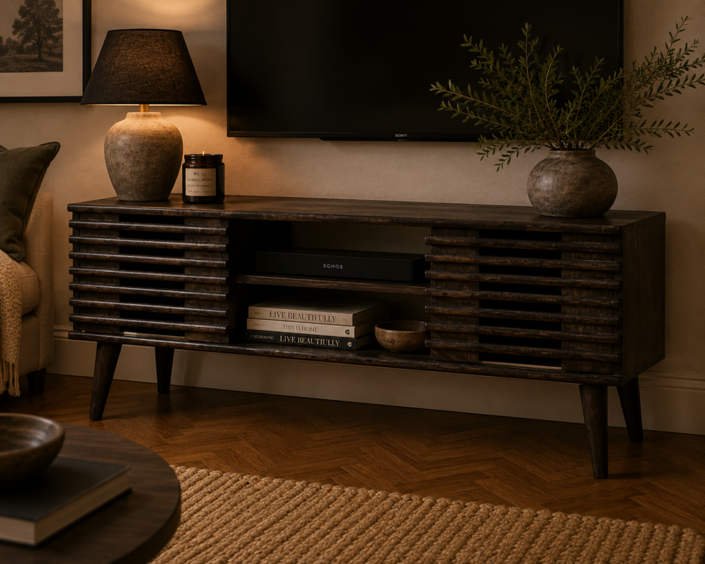 Solid Mango Wood Ash Black Finished 2 Drawer 2 Slots Slatted Front Kobe Console