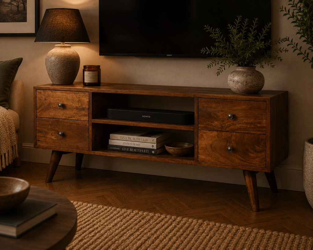 Solid Mango Wood Chestnut Finished 4 Drawer Scandinavian Style Media Unit
